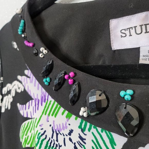 Studio I 3/4 sleeve stretch knit floral graphic scoop neck midi dress - Picture 5 of 7